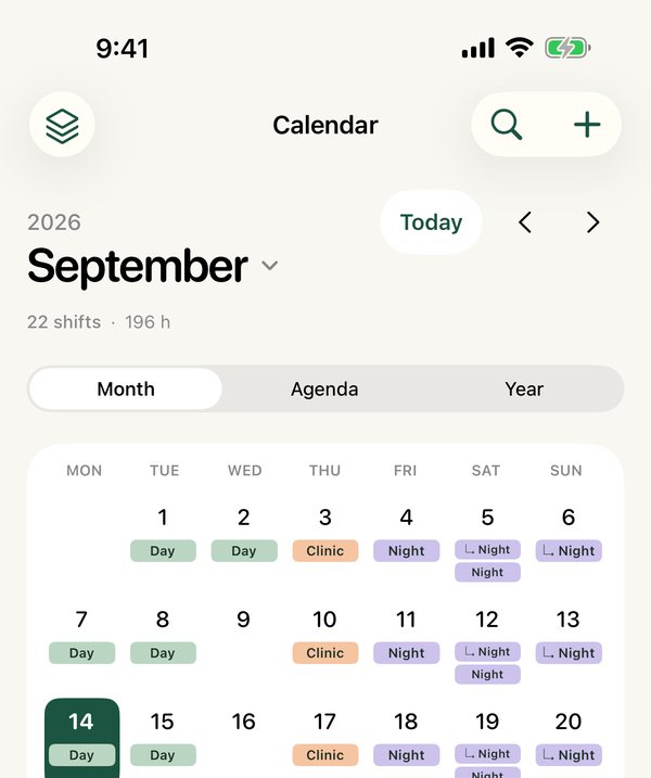 Month calendar with day, night and clinic shifts