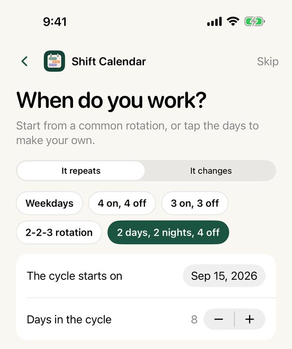 Setup screen with common rotations and a cycle editor