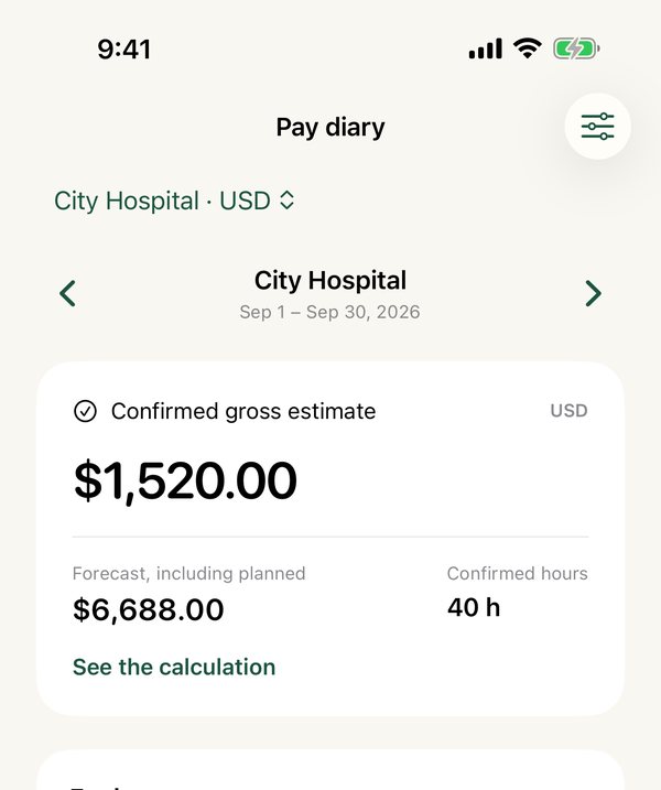 Pay diary with the confirmed gross estimate and a chart