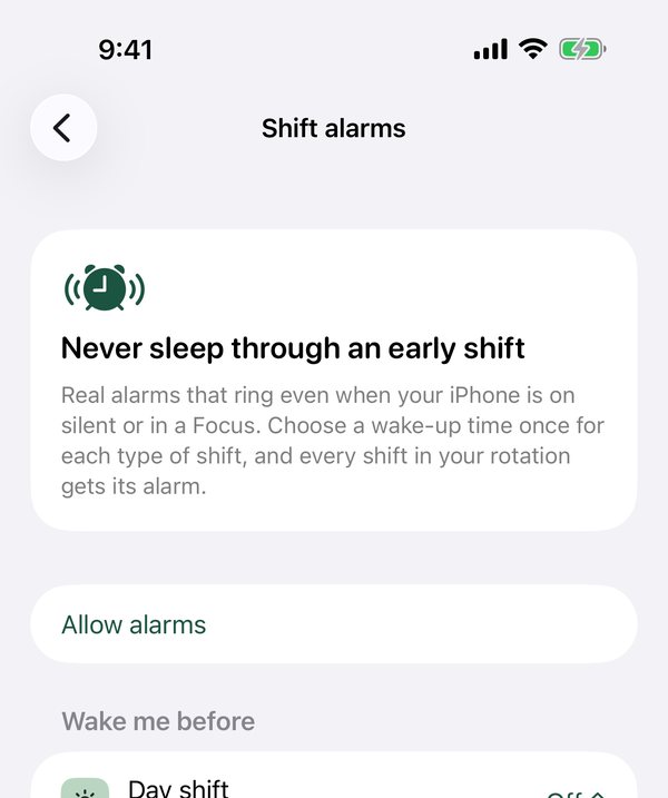 Shift alarms settings with a time for each type of shift